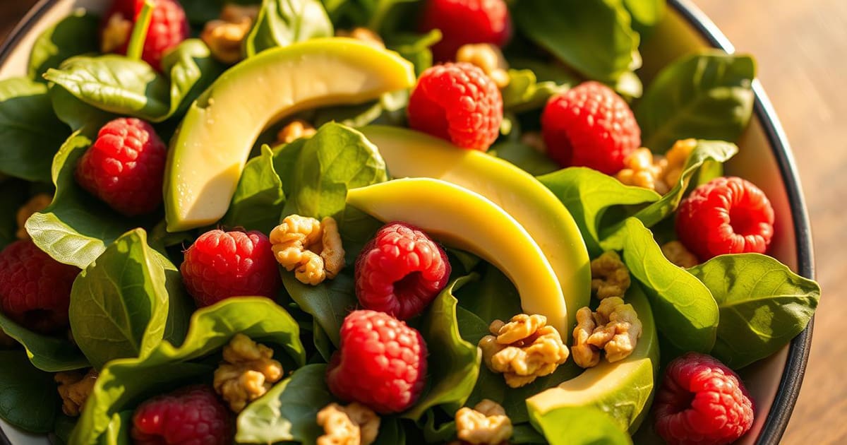 Featured image for Raspberry Spinach Salad with Avocado and Walnuts